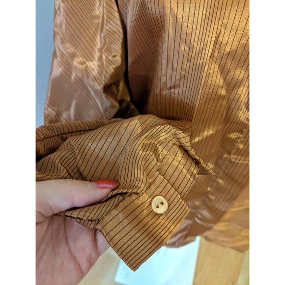 Vintage 80s Metallic Bronze Striped Blouse Button Up Satin Retro Party Fall 14 - Picture 4 of 11